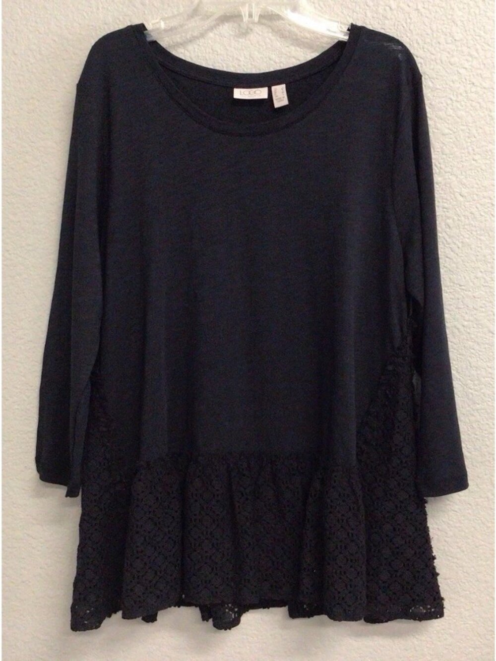 LOGO Lori Goldstein Small Black Tunic Ruffle Hem Scoop Neck Cottagecore